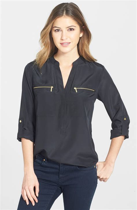 black and white blouse by michael kors|Michael Kors blouse with zipper.